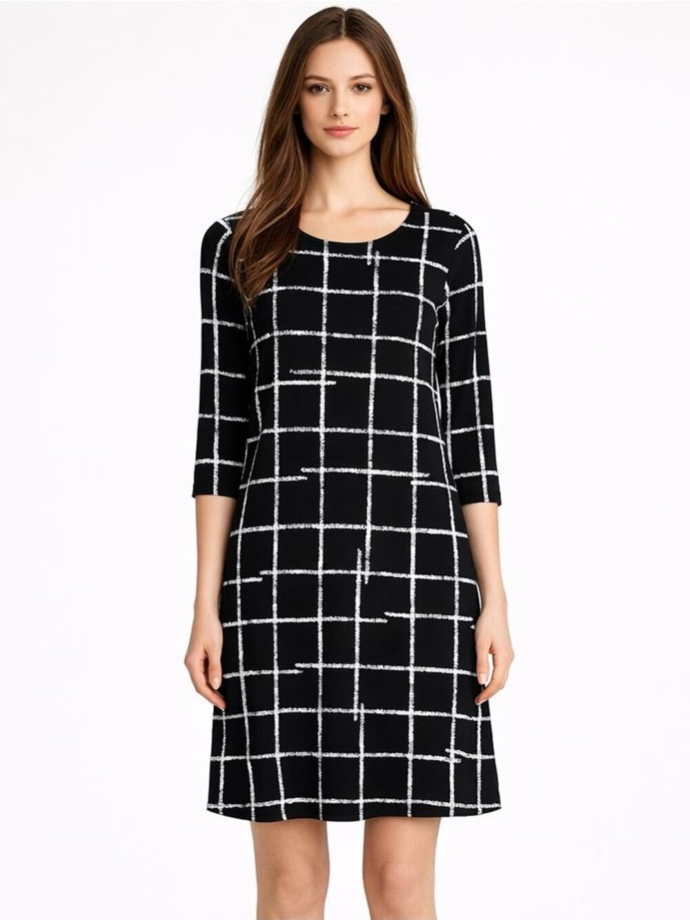 Sympli Black White Grid Shift Dress Size 8 3/4 Sleeve Travel Knit